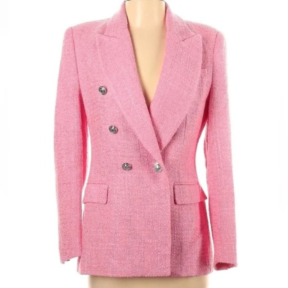 Zara Pink Double-Breasted Tweed Blazer